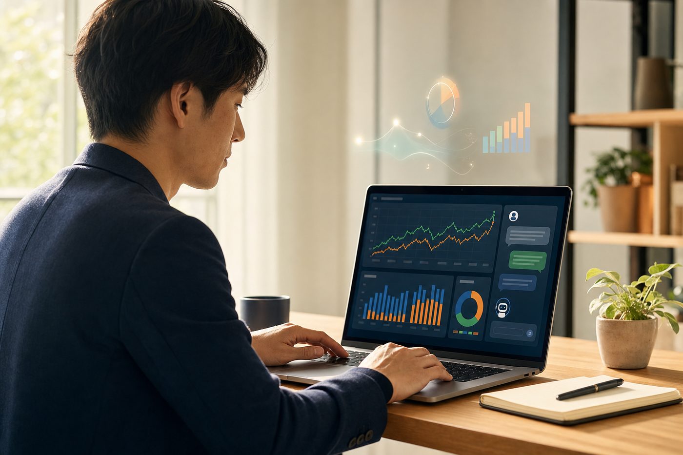 ノートPCの金融ダッシュボード（チャートとAIチャット）を見ながら、AIで会計・金融データを分析する実務のイメージ