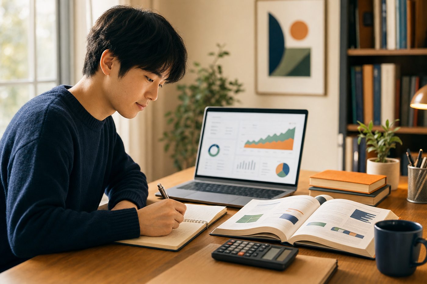 会計・金融を学び、その知識をノートPCの分析（チャート）で実務に使う——学びが“使える力”に変わっていくイメージ